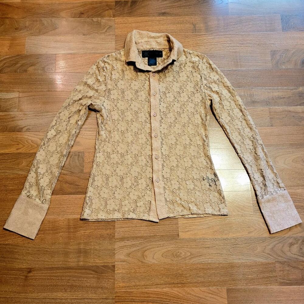 Kardashian Kollection, M | Stretchy All Over Lace See-Through Long Sleeve Blouse - Picture 3 of 8